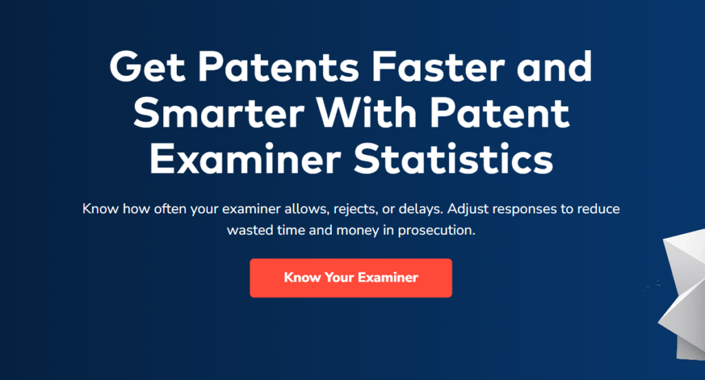 Screenshot of Triangle IP landing page stating Get Patents Faster and Smarter With Patent Examiner Statistics