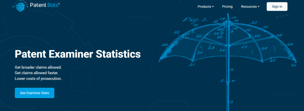 A dark blue web banner for Patent Bots featuring examiner statistics to get broader claims allowed faster.