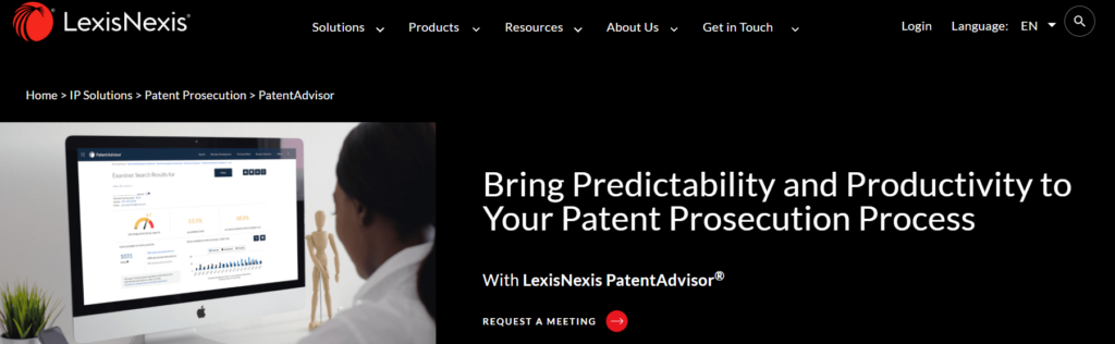 A landing page for LexisNexis PatentAdvisor showing a person looking at a data-filled monitor with the headline, "Bring Predictability and Productivity to Your Patent Prosecution Process."