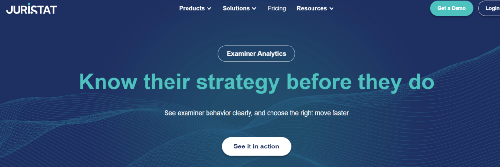 Website banner  for Juristat with a  bold headline, "Know their strategy before they do" and subtext See examiner behaviour clearly.