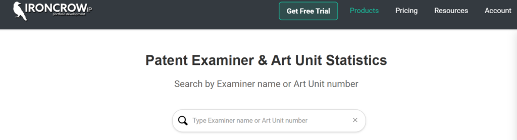 A clean, minimalist interface for IronCrow IP featuring a search bar to look up "Patent Examiner & Art Unit Statistics" by name or number.