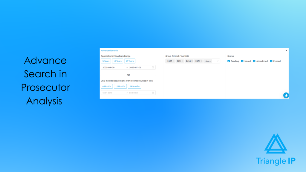 The Advanced Search panel in the TIP Tool™ showing filters for application filing date ranges, specific Group Art Units, and application status checkboxes.