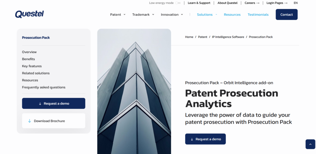 A professional product page for Questel’s "Prosecution Pack," an Orbit Intelligence add-on designed to leverage data for patent prosecution analytics