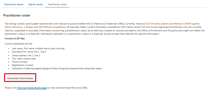 USPTO practitioner roster page with downloadable active patent attorney registration database link