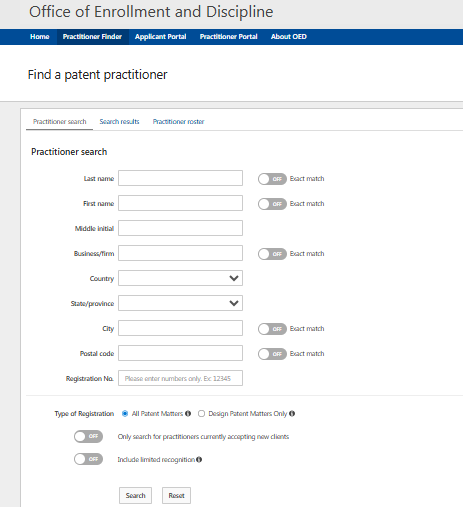 USPTO Office of Enrollment and Discipline search form for finding registered patent practitioners