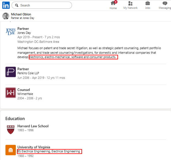 LinkedIn profile of a patent attorney with litigation, trade secret, and engineering experience details