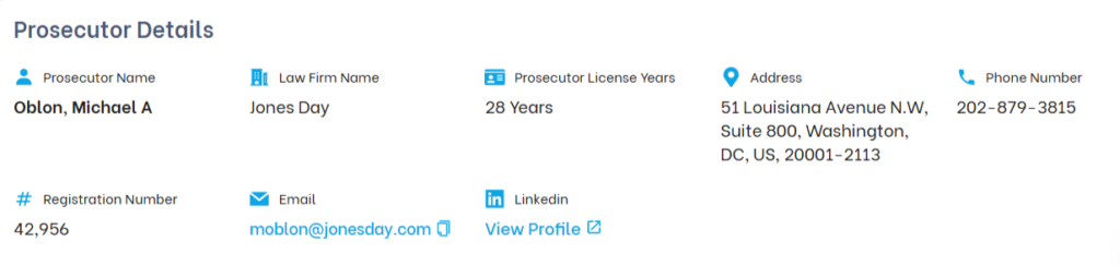 Patent attorney profile displaying law firm details, contact information, and prosecution license statistics