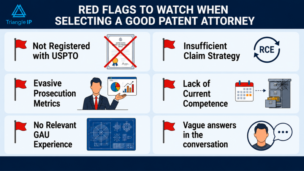 Infographic illustrating six critical red flags to watch for when selecting a patent attorney.