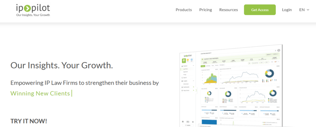 IP Pilot website landing page featuring the headline 'Our Insights. Your Growth.' alongside a preview of their law firm analysis dashboard displaying various data charts and graphs.