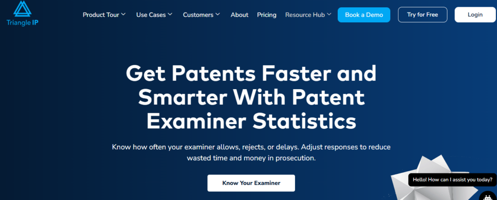 Triangle IP website landing page featuring the headline 'Get Patents Faster and Smarter With Patent Examiner Statistics' and a CTA know your examiner