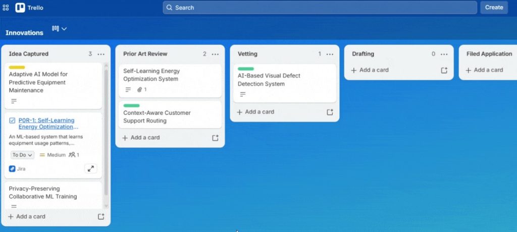 Trello's kanban board to track the journey of ideas to patents