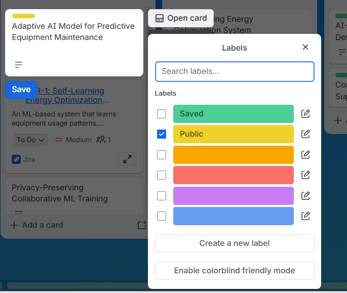 Creating Labels in Trello to assign a priority to the ideas