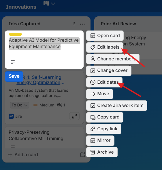 Editing Labels and dates in the Trello interface