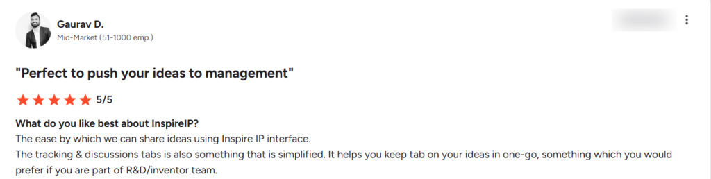 Positive G2 review praising InspireIP patent paralegal software for easy idea sharing and tracking.