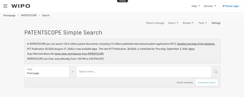 WIPO PATENTSCOPE simple search portal for international patent database queries using patent paralegal software.