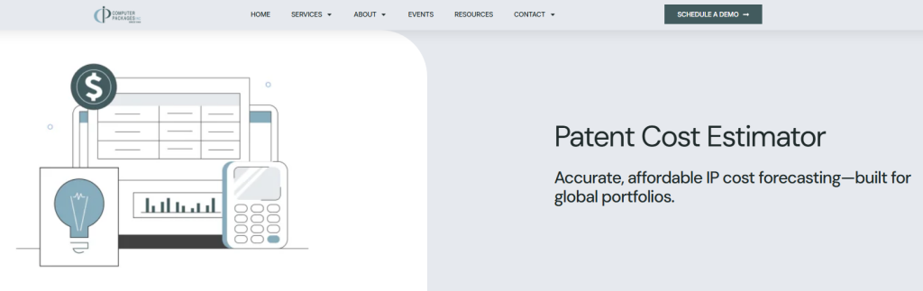 Computer Packages Inc. Patent Cost Estimator tool highlighting IP cost forecasting capabilities in patent paralegal software.
