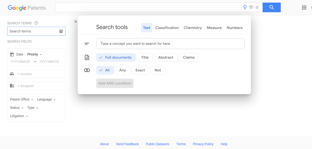 Google Patents search interface featuring advanced filtering options for patent paralegal software research