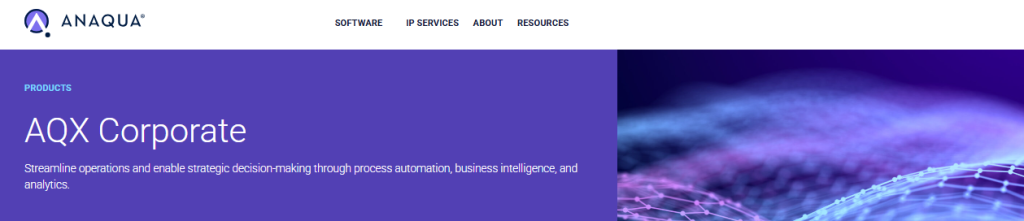 Anaqua AQX Corporate product banner highlighting process automation and analytics in patent paralegal software.