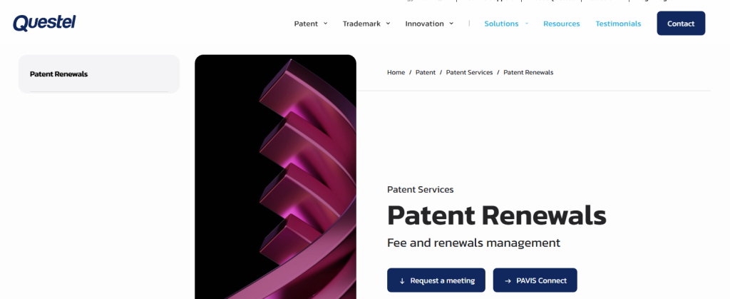Questel Patent Renewals webpage featuring fee and renewals management options for patent paralegal software.