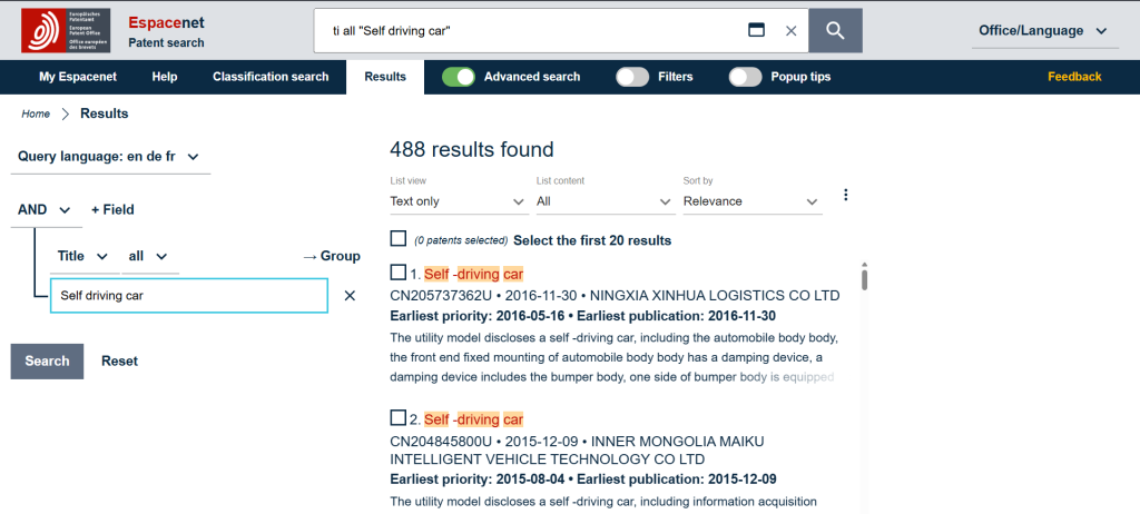 Espacenet patent search results interface displaying queries for patent paralegal software research.