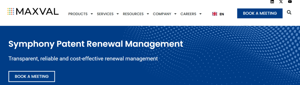 MaxVal Symphony Patent Renewal Management header showcasing transparent and cost-effective features in patent paralegal software.