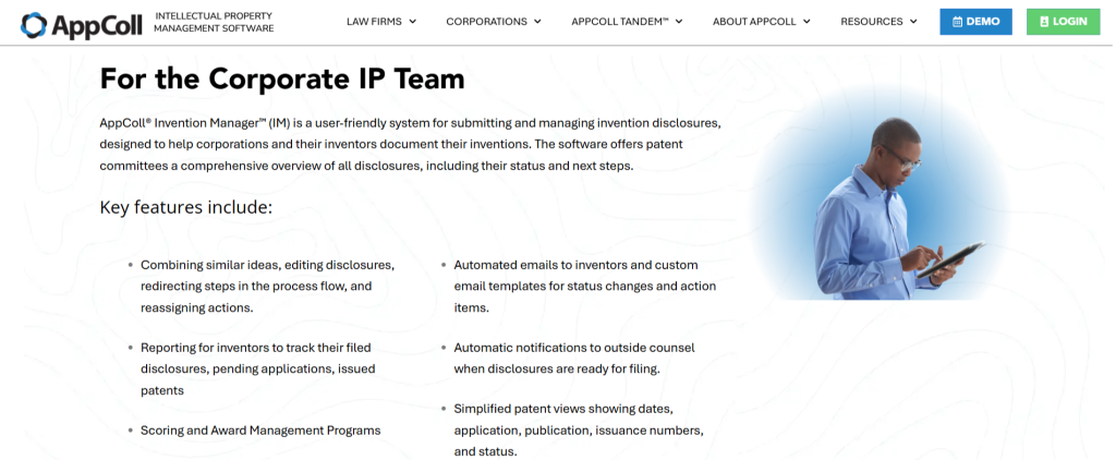 AppColl Invention Manager webpage showcasing corporate IP team features and patent paralegal software capabilities.