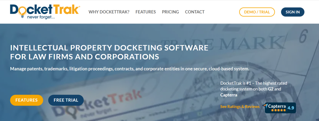 DocketTrak IP docketing software interface highlighting patent paralegal software for law firms and corporations.