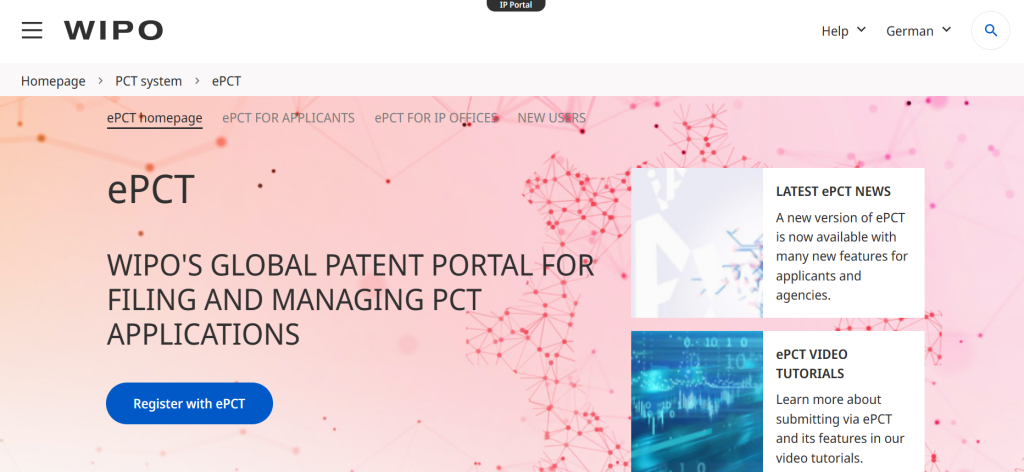 WIPO ePCT global patent portal homepage for filing PCT applications using patent paralegal software.