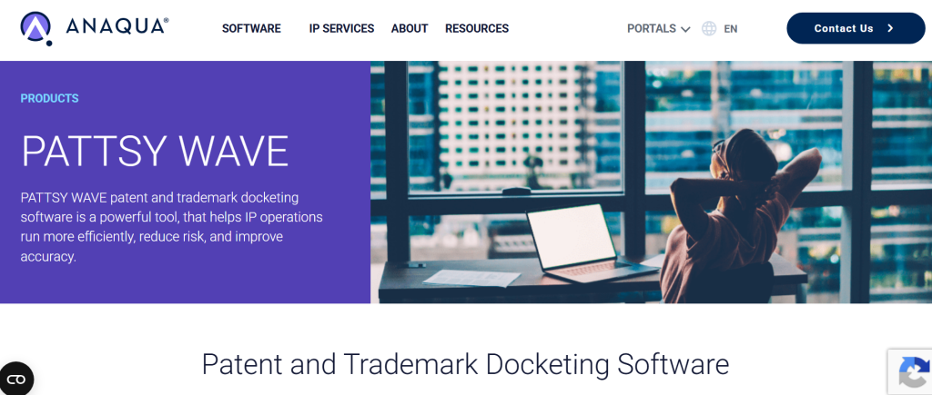 Anaqua PATTSY WAVE product page detailing patent and trademark docketing features in patent paralegal software.