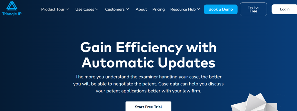 Triangle IP homepage promoting automatic updates and examiner insights in patent paralegal software.