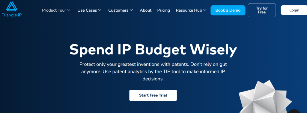 Triangle IP webpage highlighting IP budget management and TIP Tool analytics in patent paralegal software.