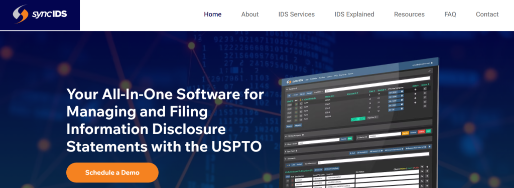 syncIDS homepage featuring Information Disclosure Statement management and filing tools in patent paralegal software.