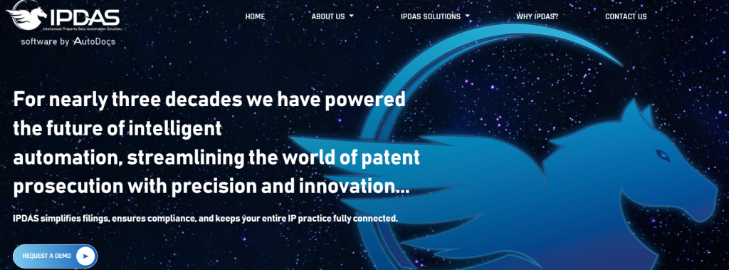 IPDAS homepage highlighting intelligent automation and patent prosecution features within patent paralegal software.