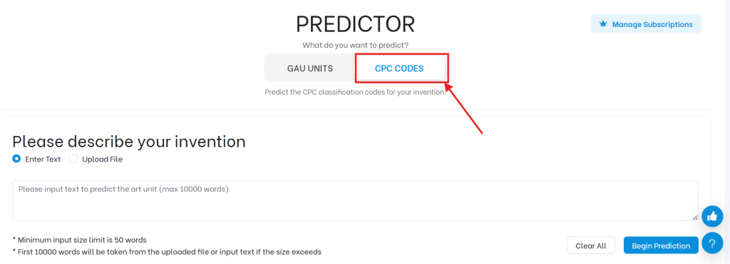 Triangle IP Predictor interface highlighting the CPC Codes option for predicting classification codes based on an invention description