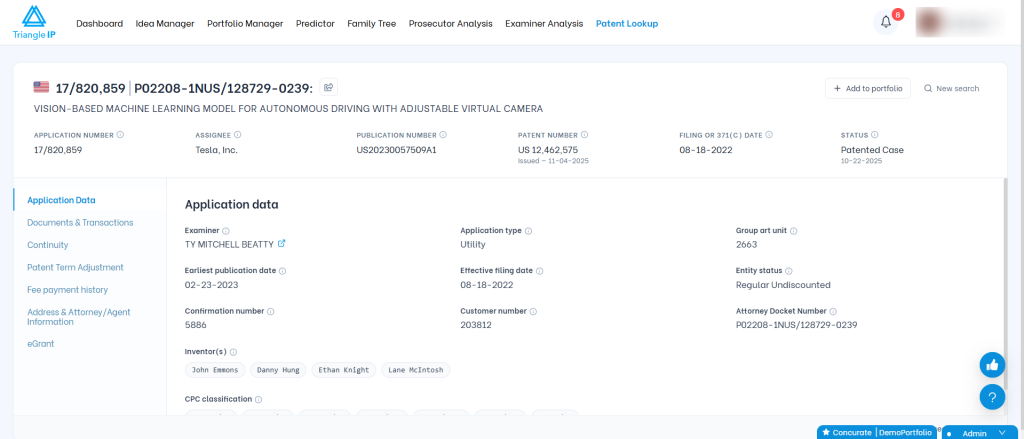 Triangle IP Patent Lookup tool displaying detailed application data for a patented Tesla invention