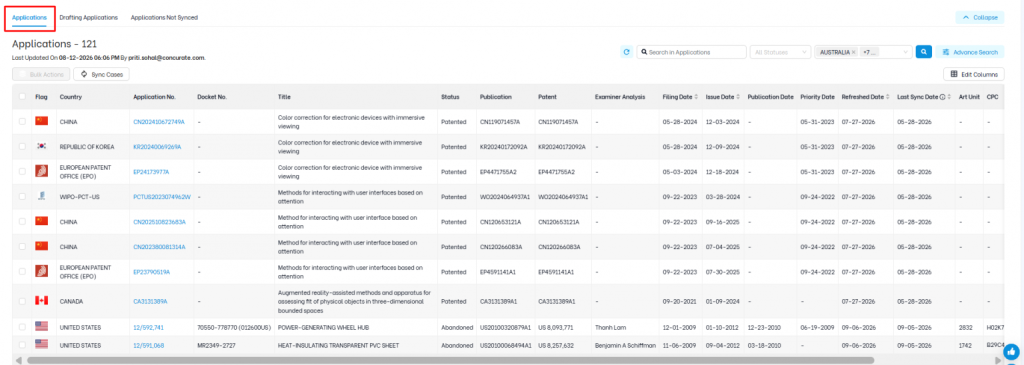 Triangle IP tool showing a detailed table list of patent applications with fields for country, title, status, and dates.