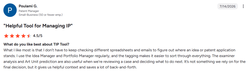 Customer review for TIP Tool patent paralegal software praising its IP management features.