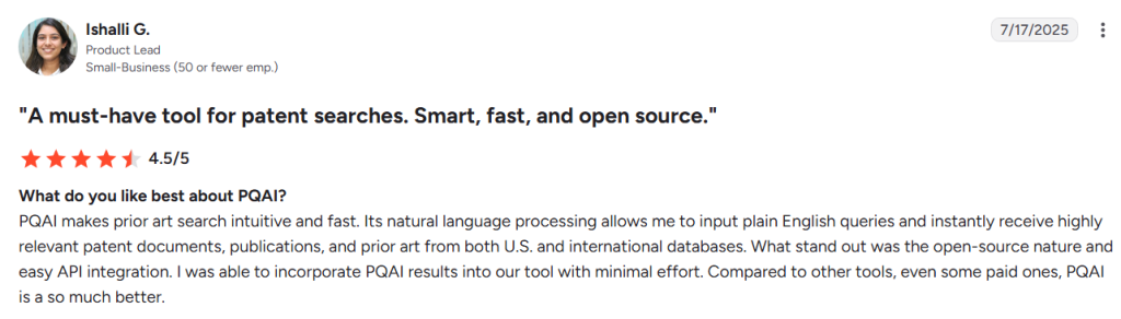 User review highlighting PQAI patent paralegal software for smart, open-source prior art searches.