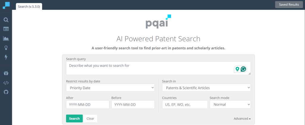 PQAI user interface showing AI-powered patent search fields within patent paralegal software.