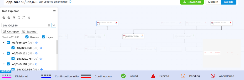 Tree Explorer panel searching a 37-member patent family by application number, with the minimap and legend turned on