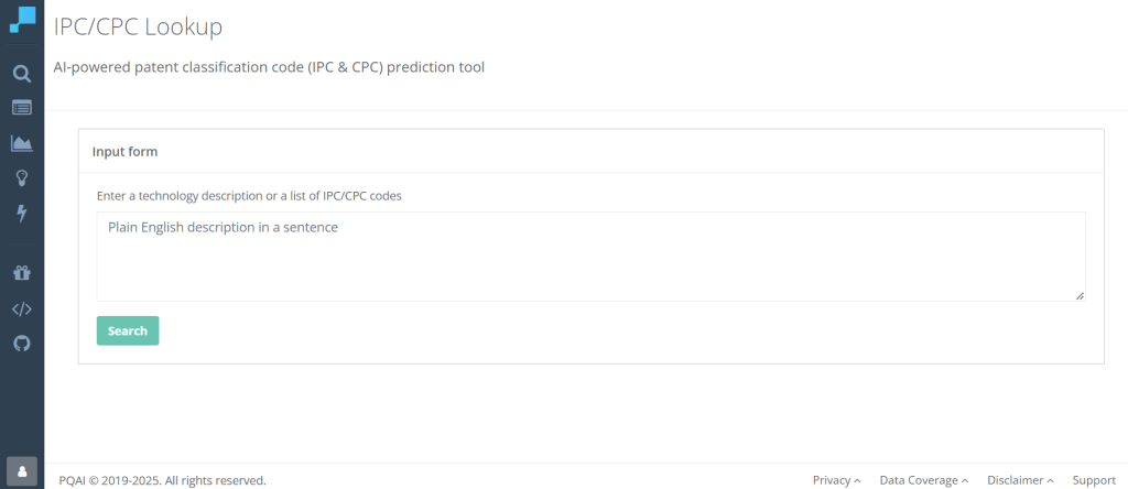 PQAI CPC Lookup interface for predicting IPC and CPC codes from a short technology description