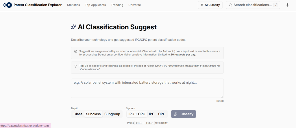 Patent Classification Explorer AI Classify interface for suggesting IPC and CPC codes
