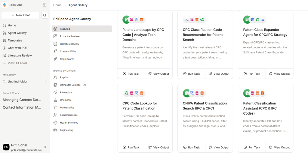 SciSpace Agent Gallery featuring AI patent classification and CPC code prediction tools
