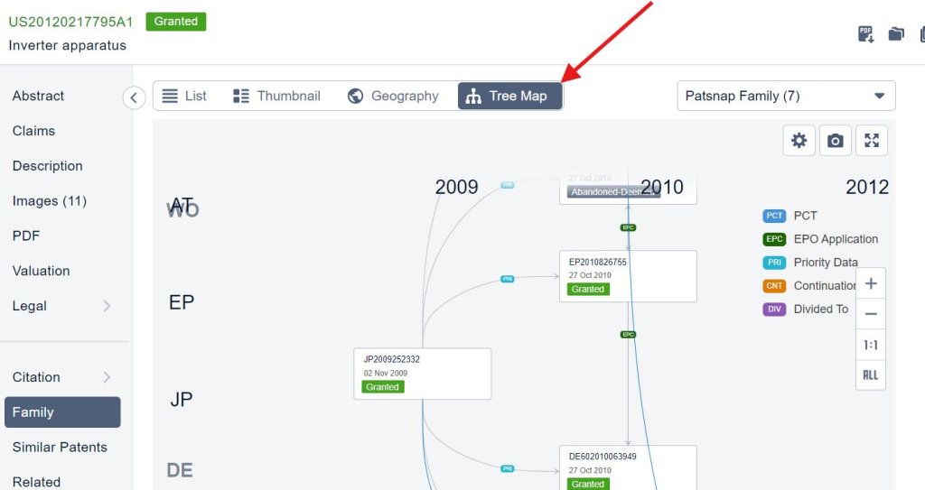 PatSnap Analytics Family tab with Tree Map selected, showing a Japanese priority filing linked to its European family members by year