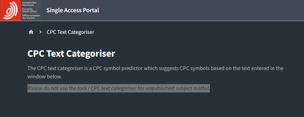 EPO CPC Text Categoriser warning against submitting unpublished patent information