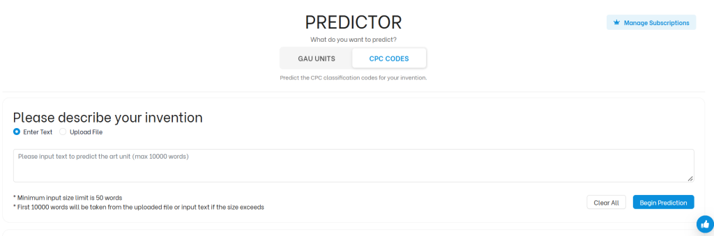 TIP Tool Predictor interface for entering an invention description to predict CPC codes